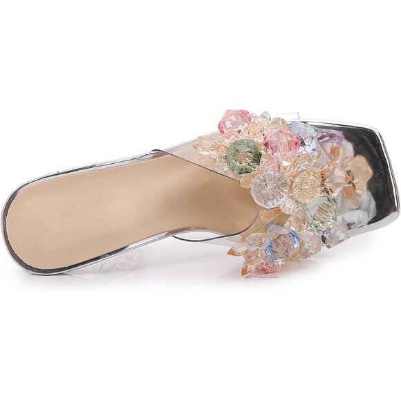 Elegant Women Crystal Flower Silver Heels Square Toe Stiletto Mule Dress Sandals - Picture 6 of 7
